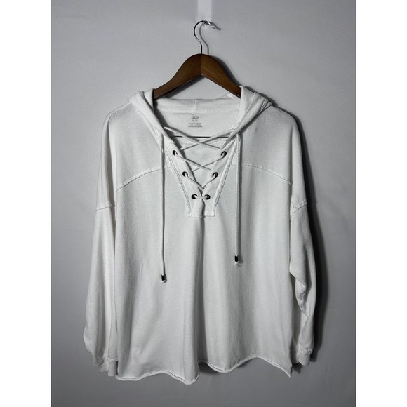 aerie Tops - Aerie Hoodie Womens XS White Lace Up V-Neck Pullover Long Sleeve Relaxed Cotton